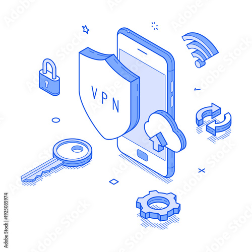 Isometric line illustration features a mobile device surrounded by elements representing a virtual private network, including a shield, cloud, and security symbols