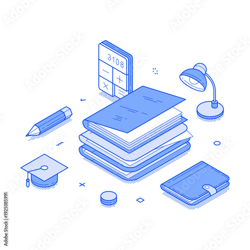 Educational tools arranged thoughtfully. It features stacks of books, a calculator, a desk lamp, a pencil, and a graduation cap, all created in an isometric style