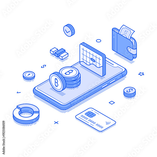 Isometric vector illustration showcasing modern financial technology, cryptocurrency, and digital payment methods. Ideal for infographics, presentations, and online content