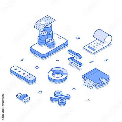 Smartphone with coins, financial icons, and documents, symbolizing digital money transfer and accounting. Modern isometric line vector illustration
