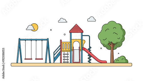Colorful outdoor children's playground featuring a slide, swings, and a climbing frame in a park setting with green trees and clouds.
