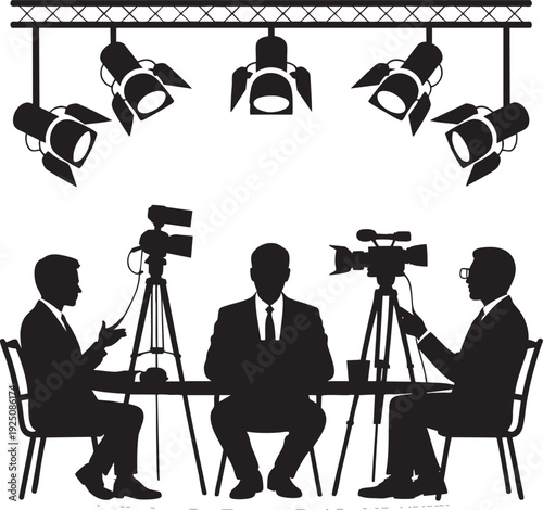Television interview or press conference scene with silhouetted men seated at a table surrounded by professional cameras and studio lighting equipment.