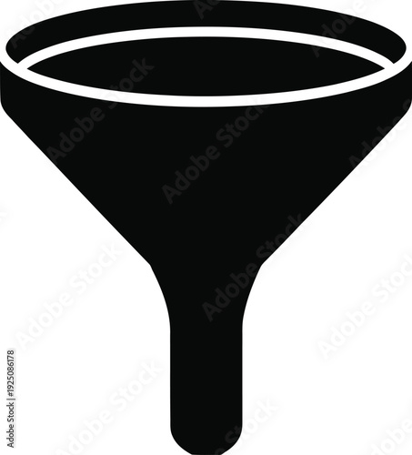 Black funnel silhouette isolated on white background, lab equipment icon for liquid filtration, chemical research or kitchen culinary tool.