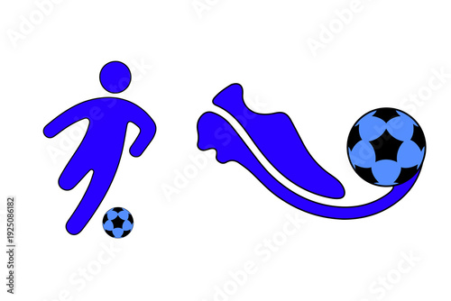 Soccer player and football boot with ball vector icon set. Includes a player dribbling a ball and a soccer cleat with a ball. Created in a flat blue style with black accents.