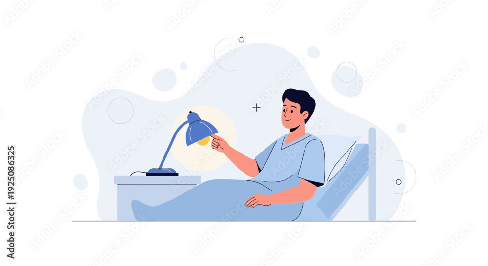 Obraz premium Patient in Hospital Bed Adjusting Bedside Lamp