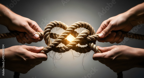 Four hands holding and pulling ropes tied in a knot