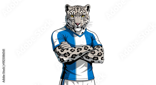 Dynamic anthropomorphic leopard athlete illustration in a blue and white striped jersey, standing confidently with crossed arms on a clean white background