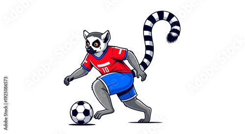 Cute lemur playing soccer in a red and blue jersey, dribbling a ball with its paws