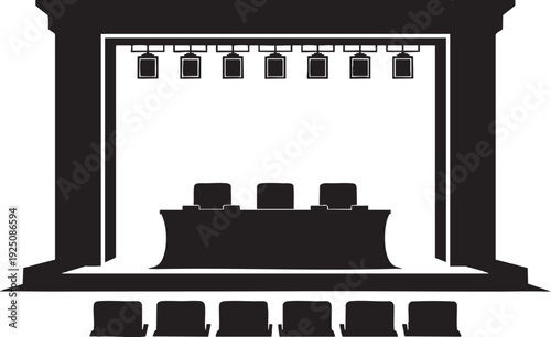 Conference stage with spotlight and panel discussion setup in a corporate event venue with a professional atmosphere
