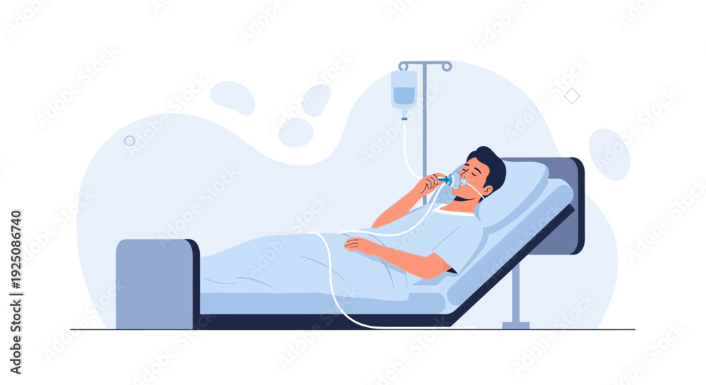 Obraz premium Patient in hospital bed receiving oxygen therapy with nasal cannula and IV drip