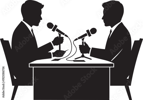 Two professional men engaging in a discussion at a table with microphones during a press conference or interview