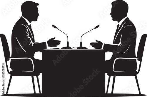 Two business professionals engaged in a meeting or debate with microphones at a conference table in a professional setting
