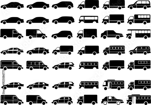 Vehicle Silhouettes and Outline Icons Set – Cars, Vans and Buses Collection