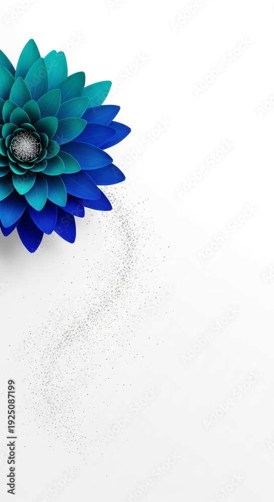 Obraz premium Top view of blue flower with layered petal, with silver glitter flowing down a white background, representing elegance and freshness with free space