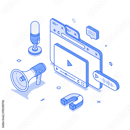 Isometric vector illustration showcasing content marketing tools, including a microphone, smartphone, megaphone, and social media icons, emphasizing modern communication and engagement strategies