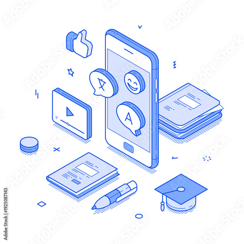 A vibrant isometric illustration showcasing modern language learning tools, including a smartphone with educational apps, books, a pencil, and a graduation cap, symbolizing success in learning