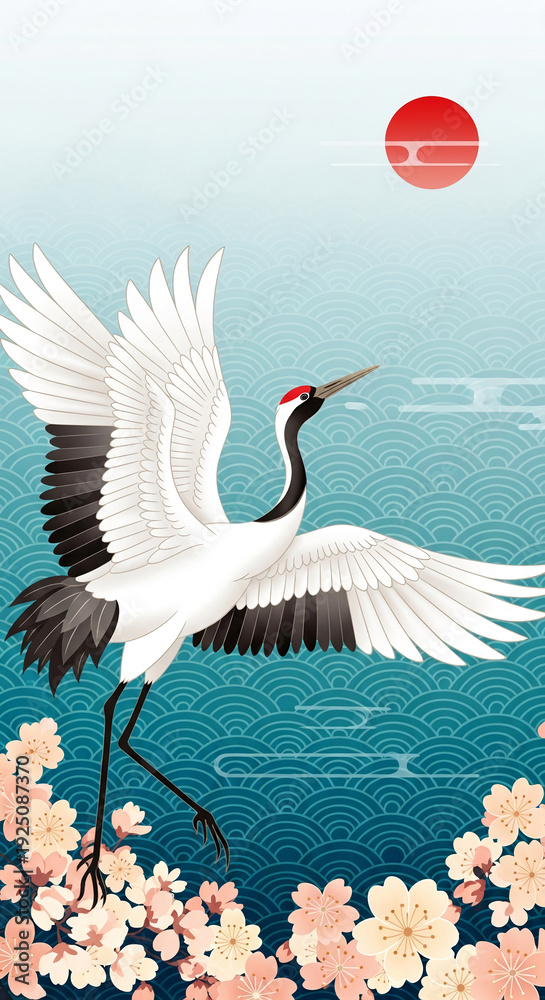 Fototapeta premium Illustration of a white crane with open wings flying near pink blossom, with a red sun in background, depicting grace and auspiciousness, traditional artwork