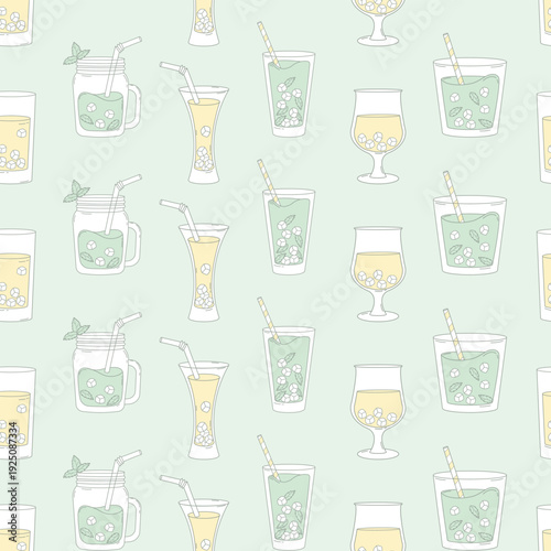 Fresh Summer Drink Lemonade Seamless Pattern. Refreshing Mint Cocktail Drinking Glasses with Ice Cubes on light Green Background. Minimalist Square template Drawing. Vector Illustration