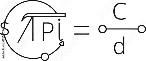 Mathematical concept illustrating the relationship between pi circumference and diameter involving financial symbols in a minimalist line art style