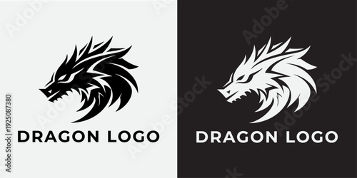 Black and White Dragon Head Profile Logo Vector Illustration, Mythical Creature Mascot Design Template For Gaming or Esports Brand