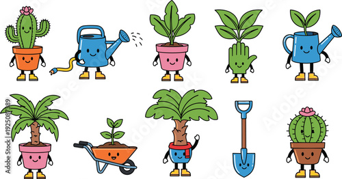 Cute gardening cartoon character set with smiling plants cactus watering can wheelbarrow shovel and potted flowers for kids illustration and playful eco themed designs