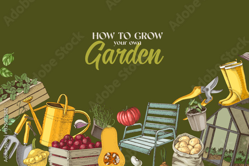 Gardening tools and plants vector set