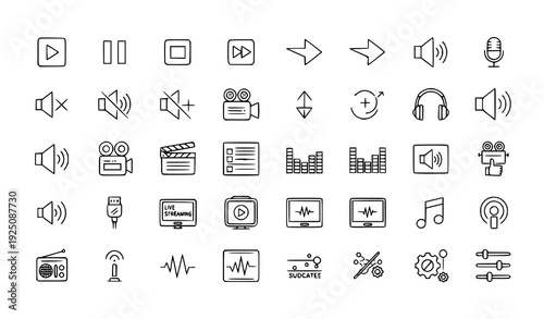 Audio Video Thin Line Icons Set – Pixel Perfect 48x48 Editable Stroke Media UI Vector Collection Part 1