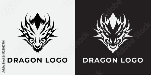Symmetrical Fierce Dragon Face Logo Vector Illustration, Black and White Mythical Monster Mascot Design Template For Esports Gaming Brand