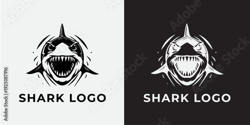 Aggressive Shark Face Logo Vector Illustration, Black and White Wild Ocean Predator Mascot Design Template For Sports Team Brand