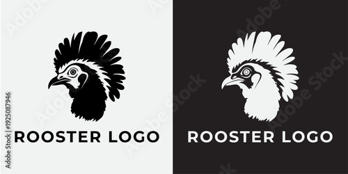 Detailed Rooster Head Profile Logo Vector Illustration, Black and White Farm Bird Mascot Design Template For Agricultural Brand Identity