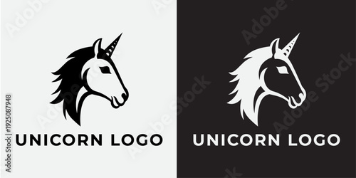 Elegant Unicorn Head Profile Logo Vector Illustration, Black and White Mythical Horse Mascot Design Template For Magic Brand Identity