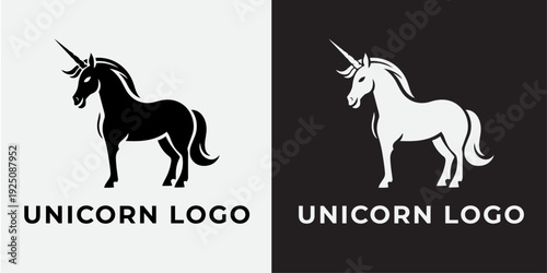 Standing Unicorn Silhouette Logo Vector Illustration, Elegant Black and White Mythical Animal Mascot Design Template For Fantasy Brand Identity