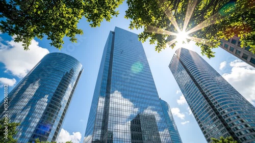 Modern Glass Skyscrapers with Sunburst and Green Trees, Reflecting Blue Sky