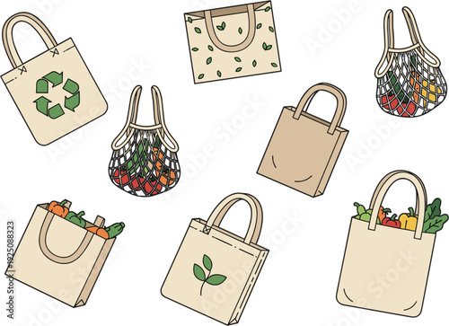 Eco friendly reusable shopping bags collection, zero waste lifestyle accessories, sustainable grocery tote set vector illustration