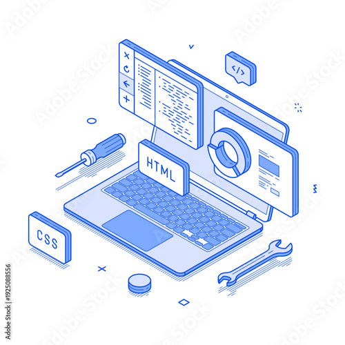 A detailed isometric infographic showcasing essential front-end development tools, including HTML, CSS, JavaScript, and various design elements, symbolizing creativity and technical expertise