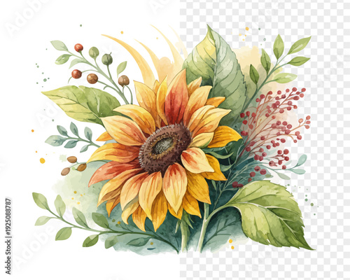 Bright Sunflower Watercolor Bloom, Rustic Summer Botanical Illustration Isolated on White