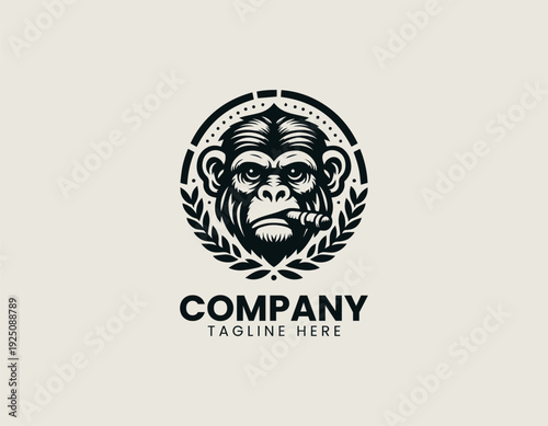monkey with laurel wreath and cigar is presented as bold monochrome vector logo on clean white background