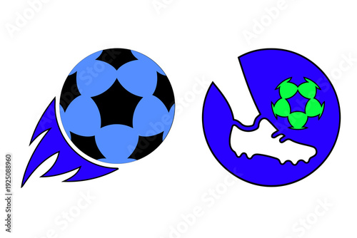 Soccer ball and cleat vector icon set. Includes a blue and black soccer ball with motion trails and a blue circular icon with a white soccer cleat and green soccer ball. Created in flat style