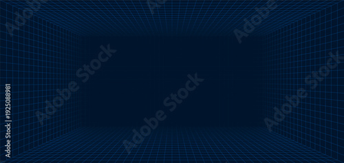 Empty futuristic digital box room. Wireframe grid template in perspective