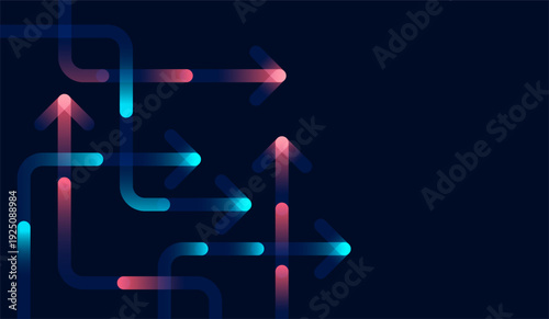 Glowing arrows moving upward and downward over smooth flowing lines on dark background