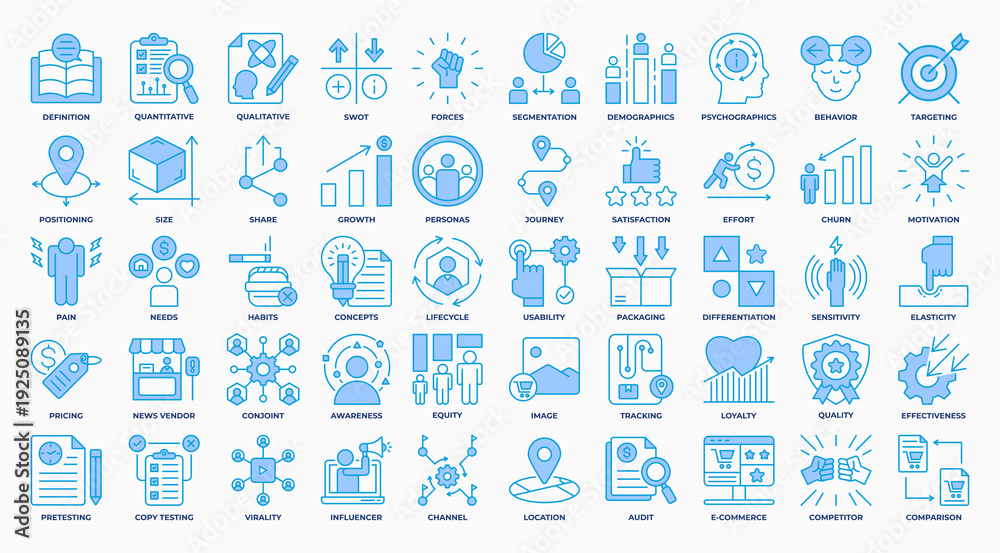 Obraz premium Business Analytics Icon Set Line Blue Style Editable Design. Containing market research, growth, analytics, finance,, education, graph, product, location, target and more icon. Vector Illustration.