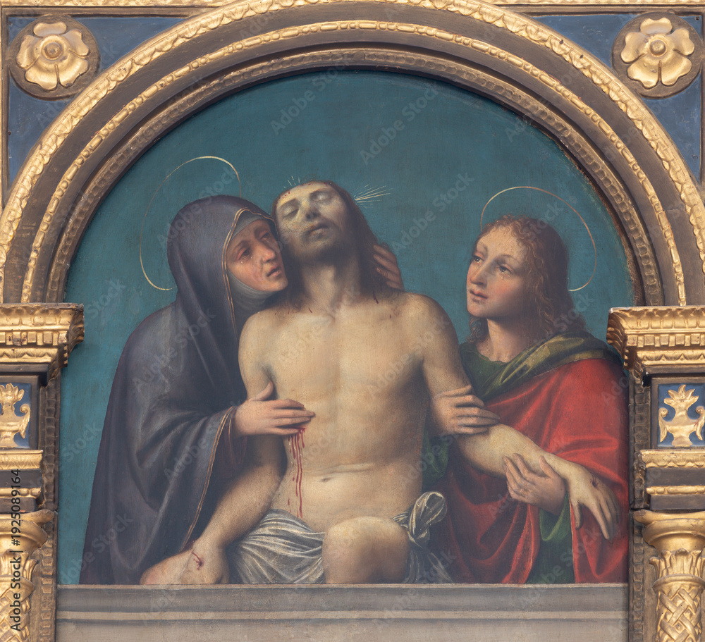 Obraz premium VIGEVANO, ITALY - JANUARY 18, 2026: The renaissance painting of Lamentation over death Christ (part of Polyptych) in the church Cattedrale di Santa Maria Assunta by Bernardo Ferrari (1495 - 1574).