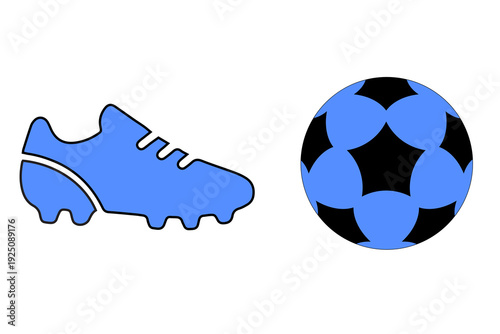 Soccer boot and ball vector icon set. Includes a blue soccer cleat and a blue and black soccer ball. Created in a flat, solid color style with a blue and black palette.
