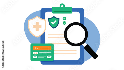 Online security and data protection concept with shield clipboard and magnifier illustration