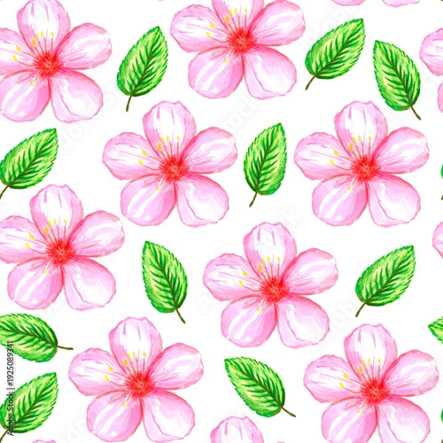 Hand drawn floral seamless pattern. Pink delicate watercolor flowers of sakura, cherries, apple trees, green spring leaves on a white background. For prints of fabric, clothing, wallpaper.