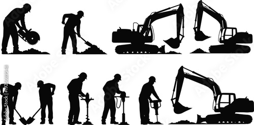 Construction workers and excavator machinery silhouettes set, industrial builders digging and drilling at construction site, heavy equipment operators isolated on white background illustration