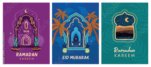 Ramadan Kareem celebration set of greening cards,  hand drawn vector illustration