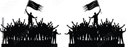 Silhouette crowd celebration illustration with people cheering and waving flags representing victory protest unity festival and mass gathering concept in bold black vector style