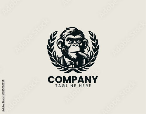 monkey with laurel wreath and cigar is presented as bold monochrome vector logo on clean white background