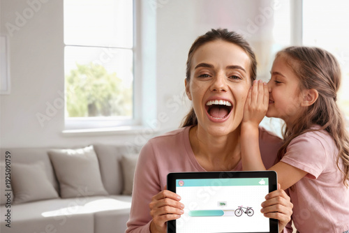 Mother and daughter using finance app on tablet at home, teaching kids savings goal for bicycle, family fintech education concept for banking and edtech marketing